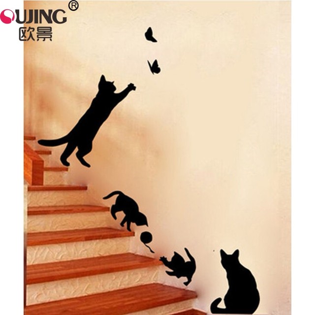 Adesivo de parede vintage gatos para crianças, adesivo de desenho animado  preto para quarto das crianças, escadas, decoração de casa, decalques de  parede de vinil, gatos fofos, arte para mural - AliExpress